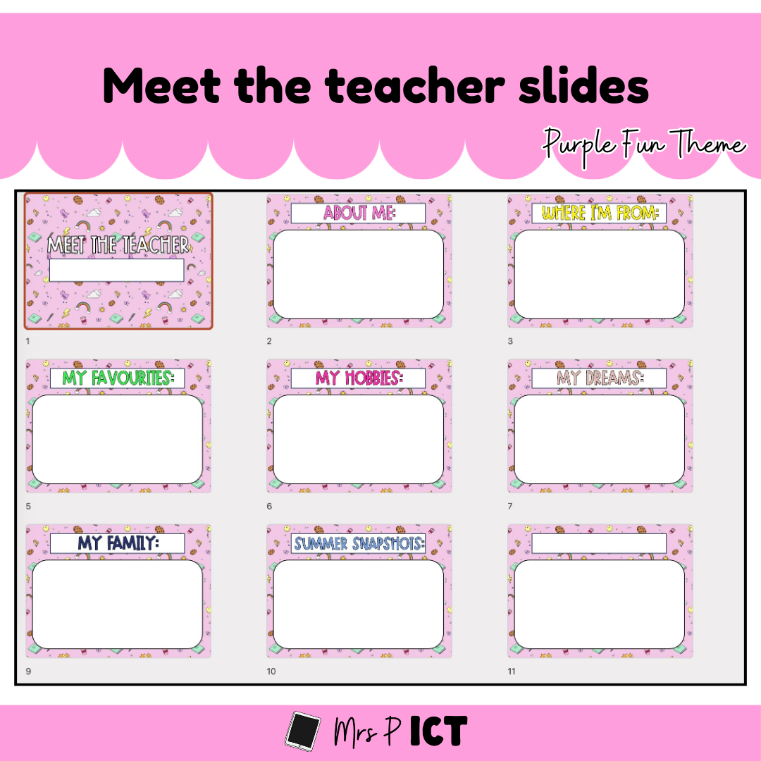 Meet the teacher slides template - Purple fun theme