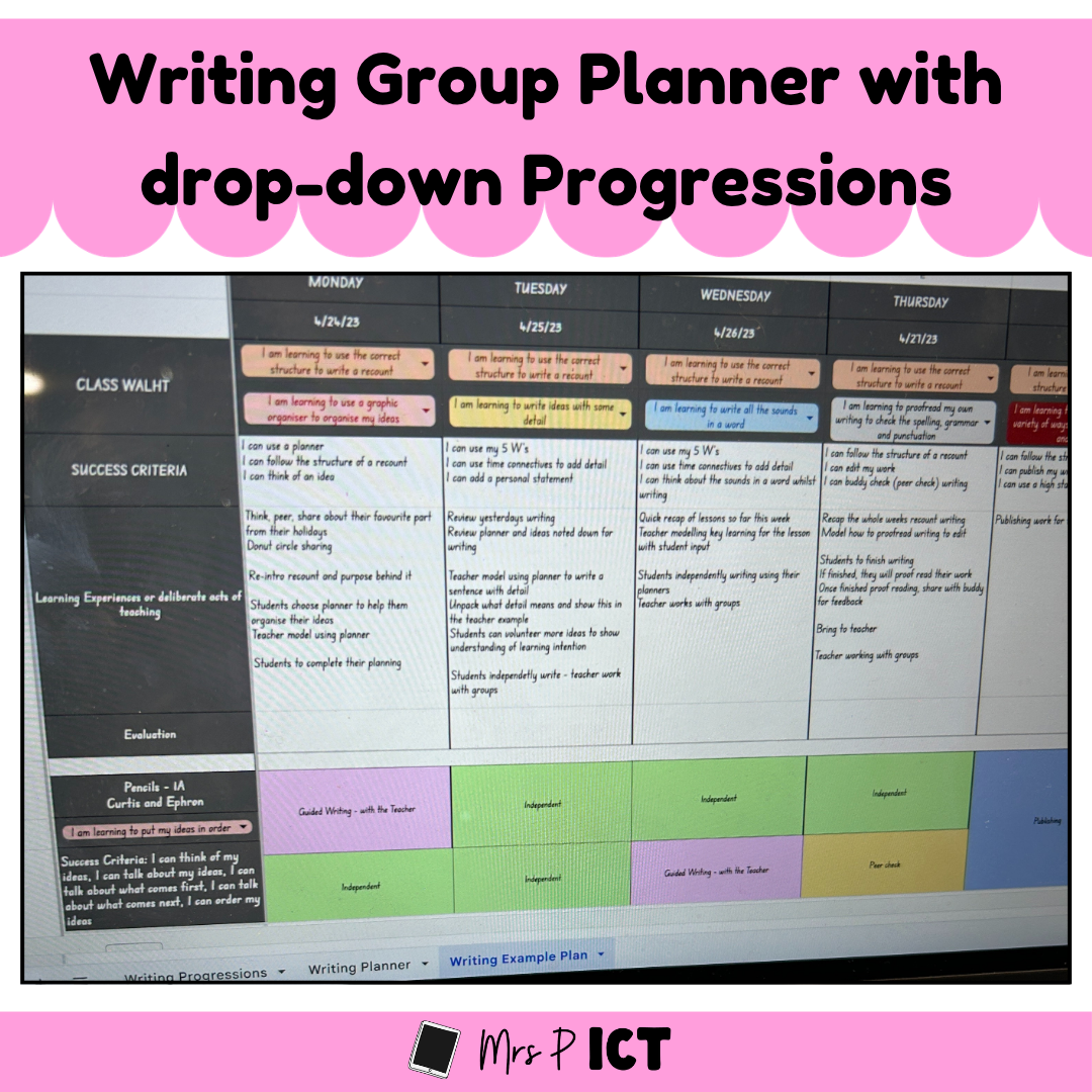 Writing Group Planner with drop-down progressions