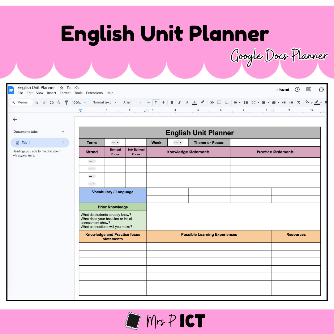 English Unit Planner (Google Docs)