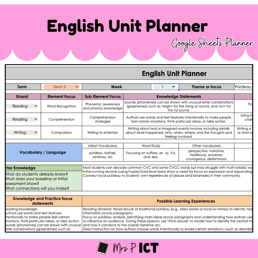 English Unit Planner (Google Sheets)