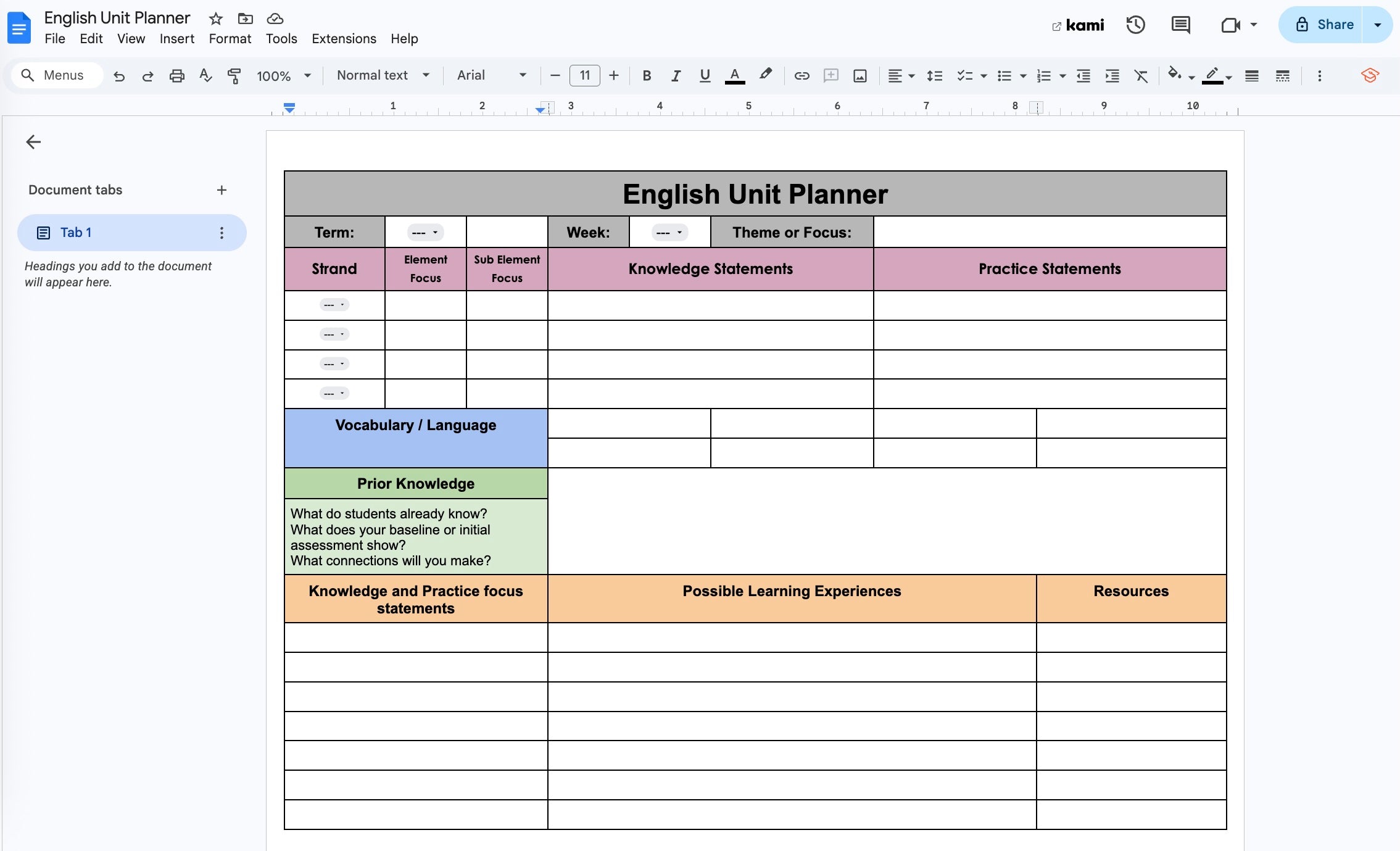 English Unit Planner (Google Docs)