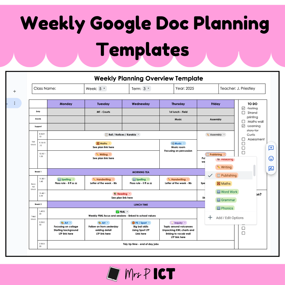 2025 Weekly Google Doc Planning Templates