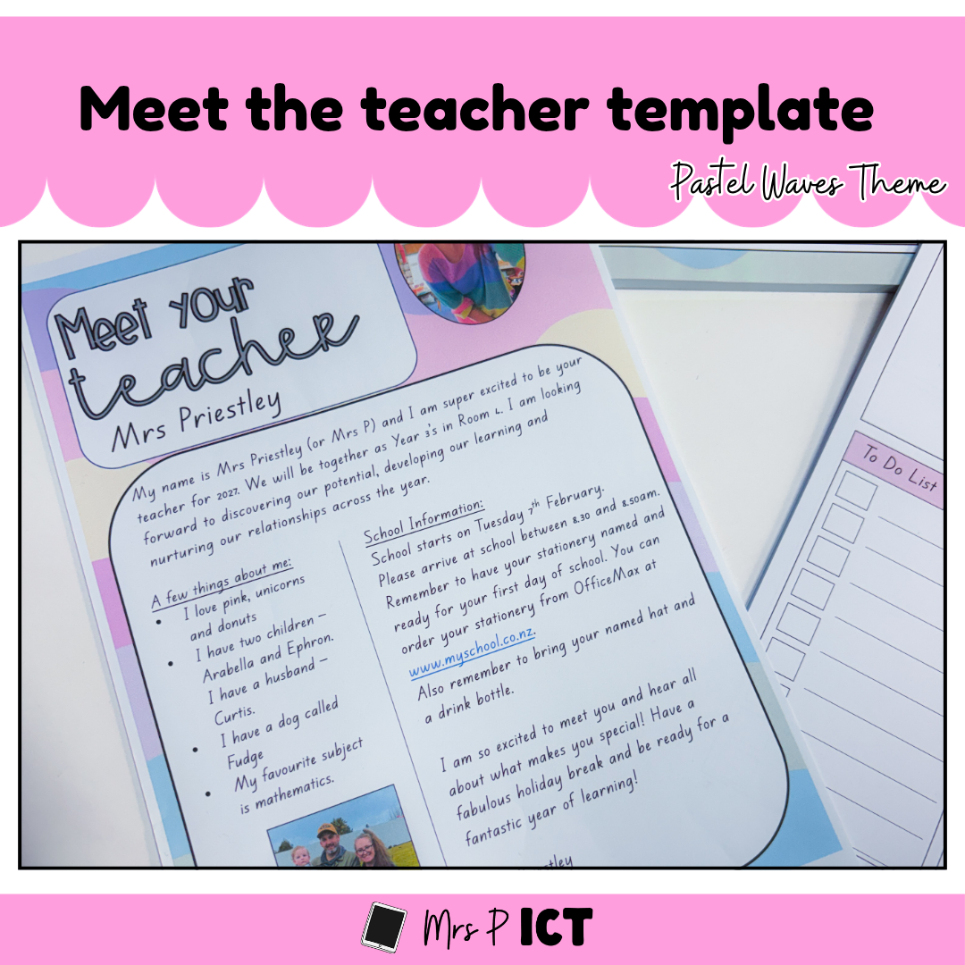 Meet the teacher template (freebie) - pastel waves theme