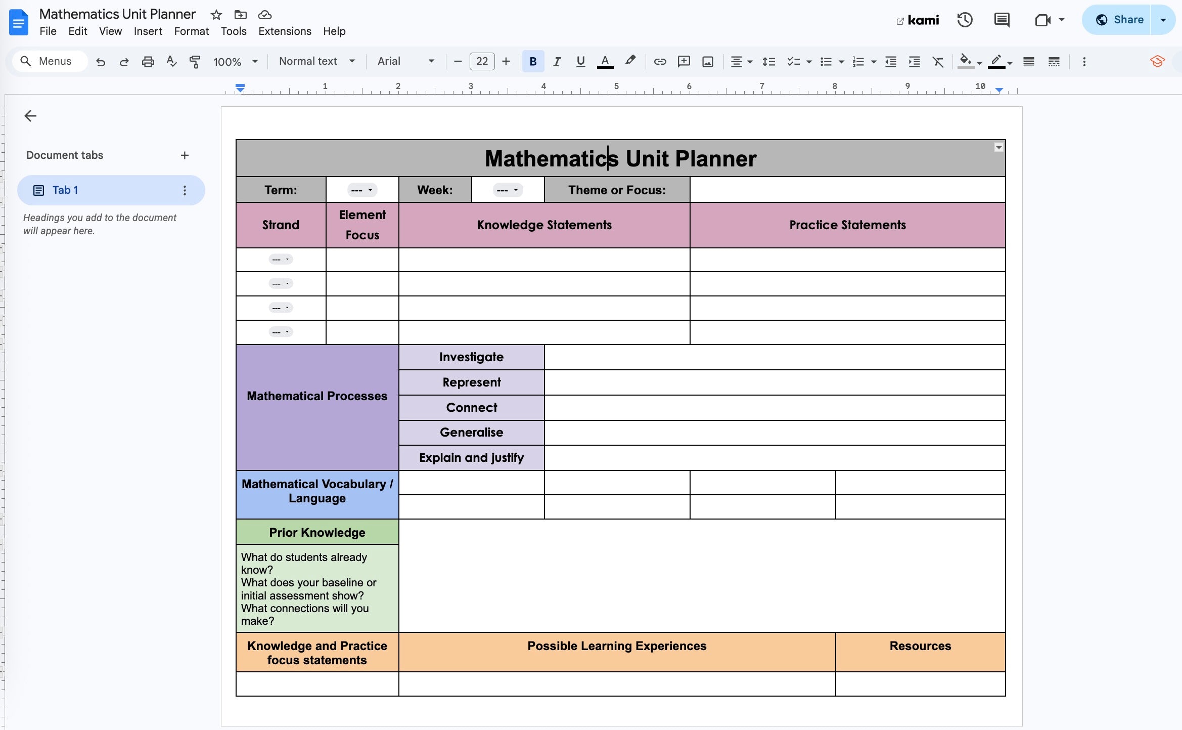Mathematics Unit Planner (Google Docs)