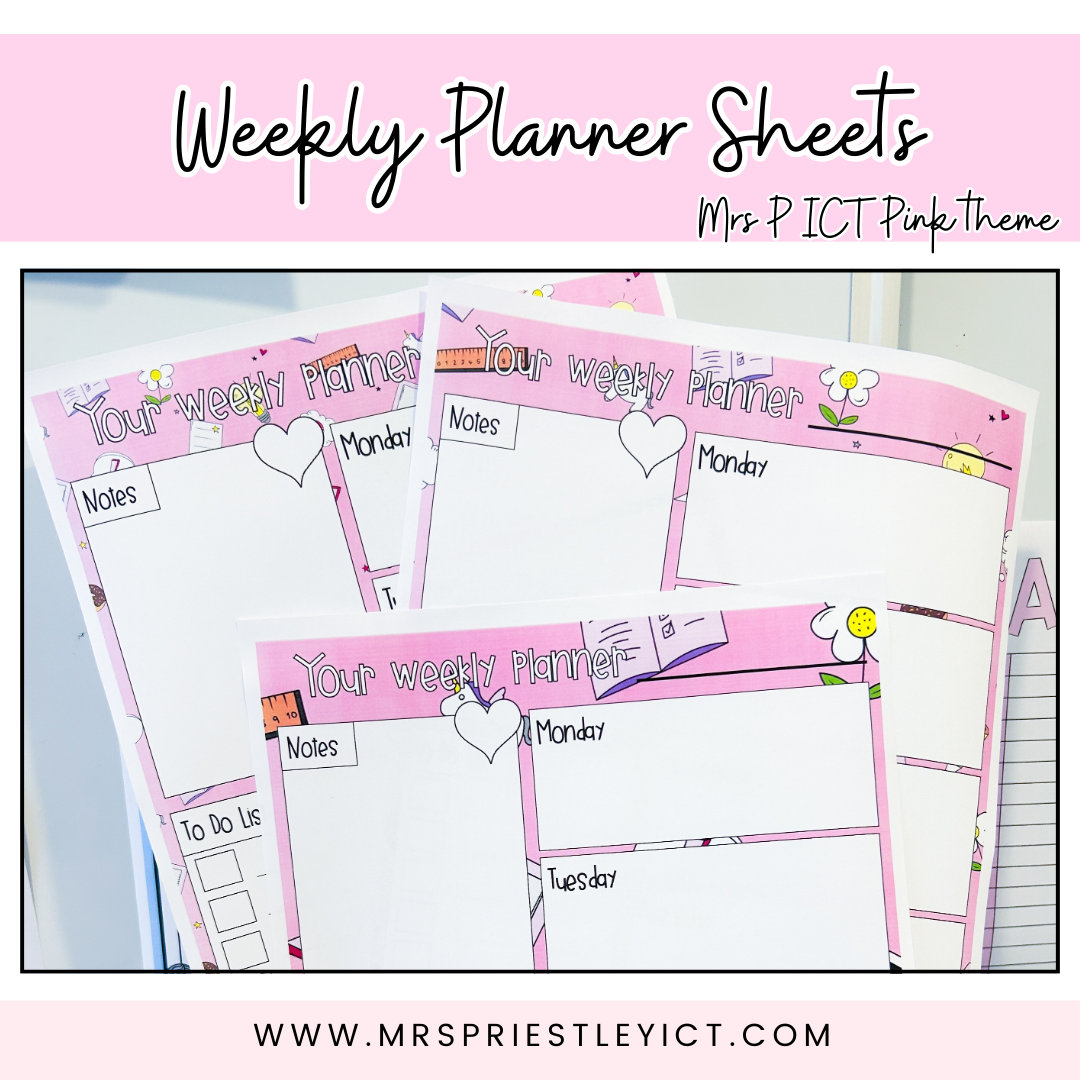 Weekly Planner Sheets (freebie - Mrs P ICT pink colour theme)