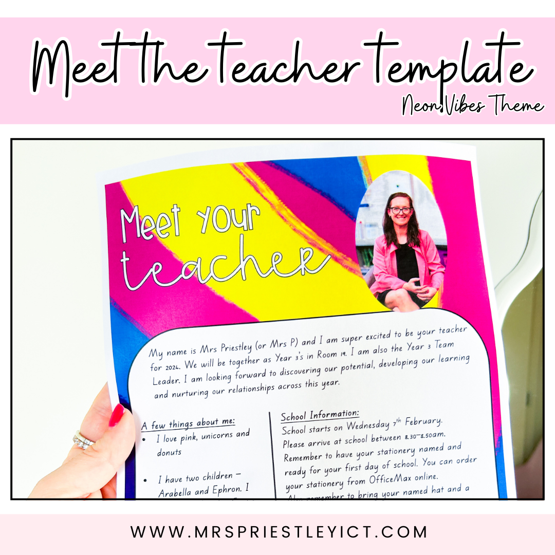 Meet the teacher template (freebie) - Neon Vibes theme