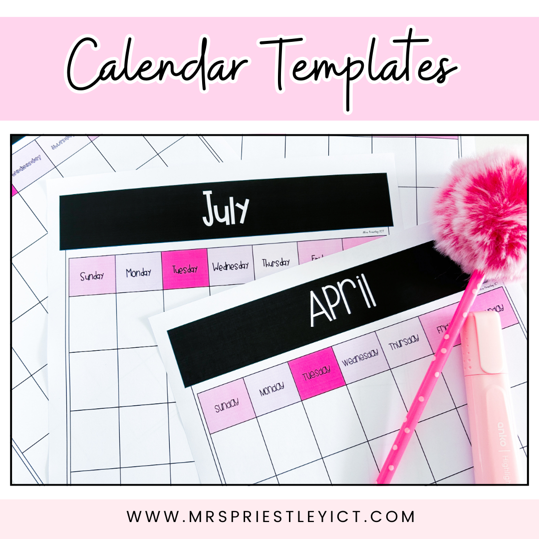 Blank Calendar Templates (Mrs P ICT Pink colour theme)