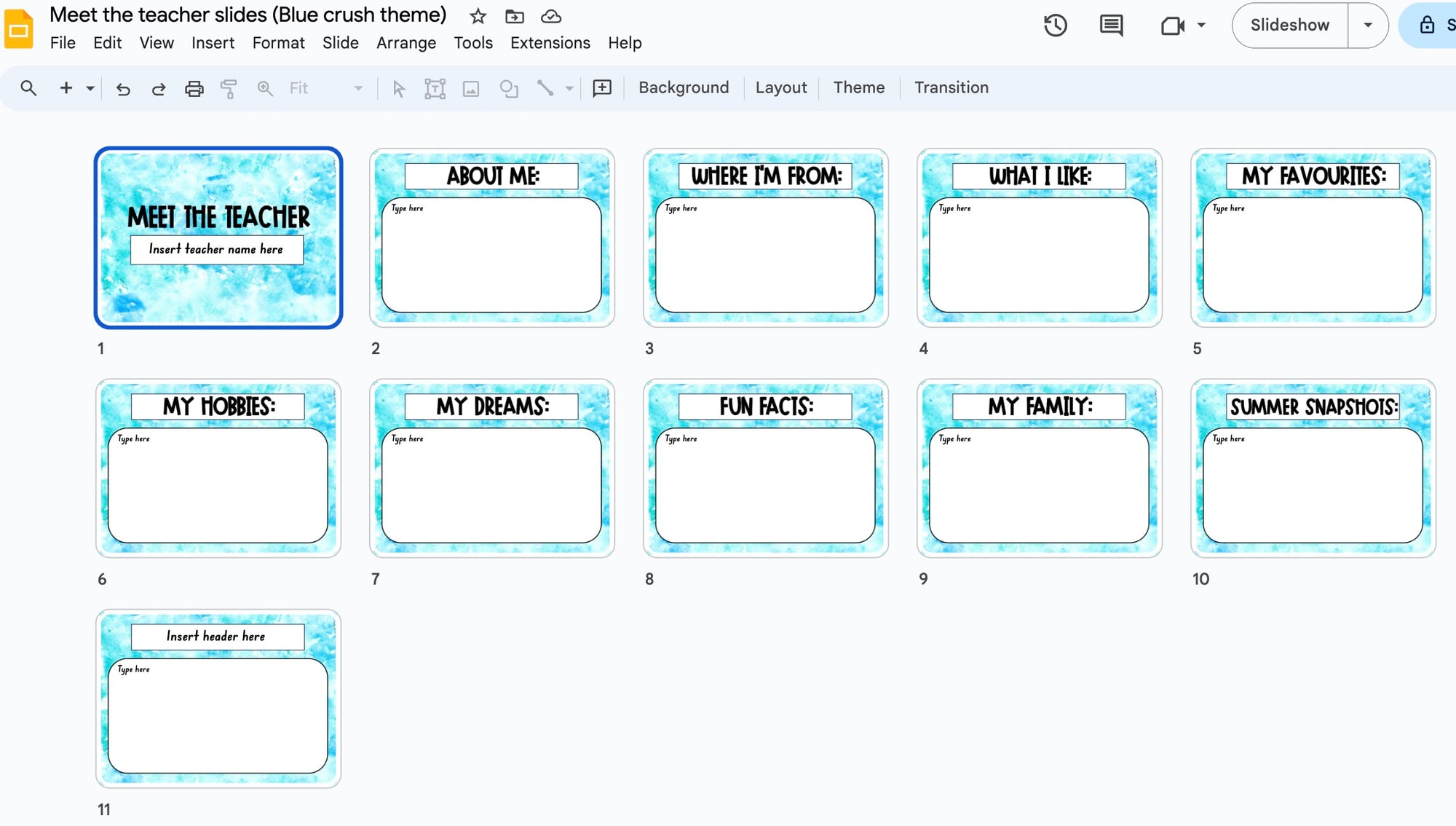 Meet the teacher slides template - blue crush theme