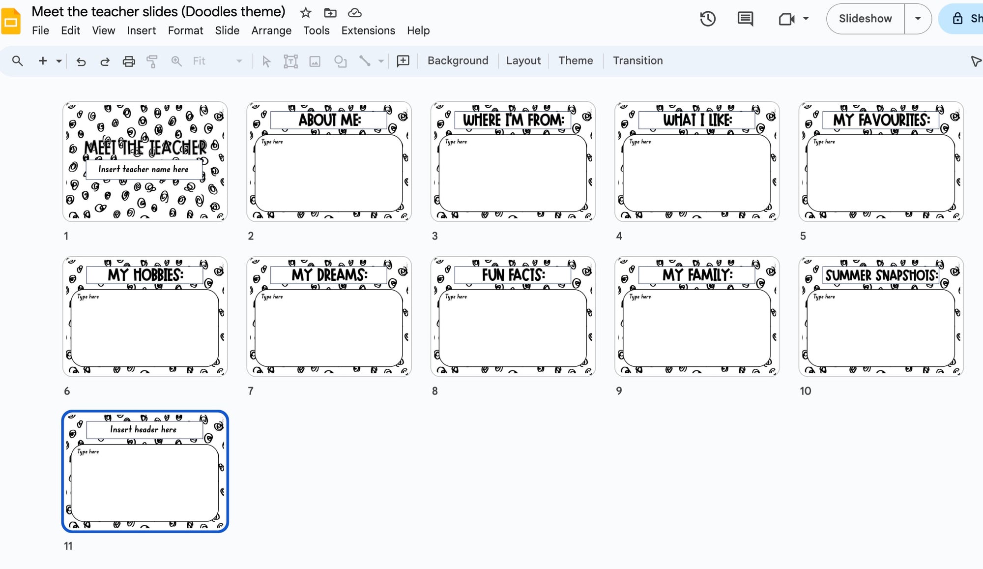 Meet the teacher slides template - doodles theme