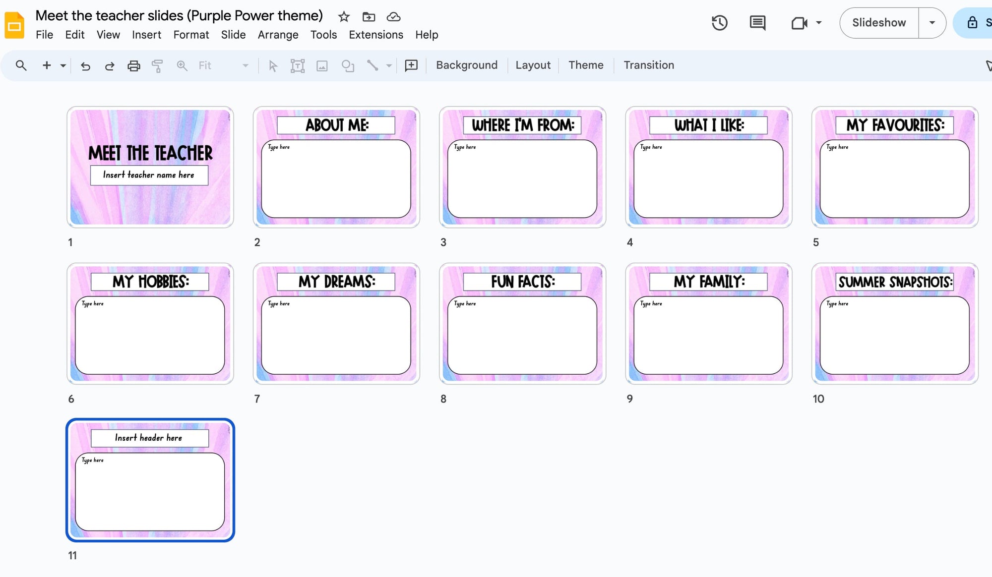 Meet the teacher slides template - purple power theme