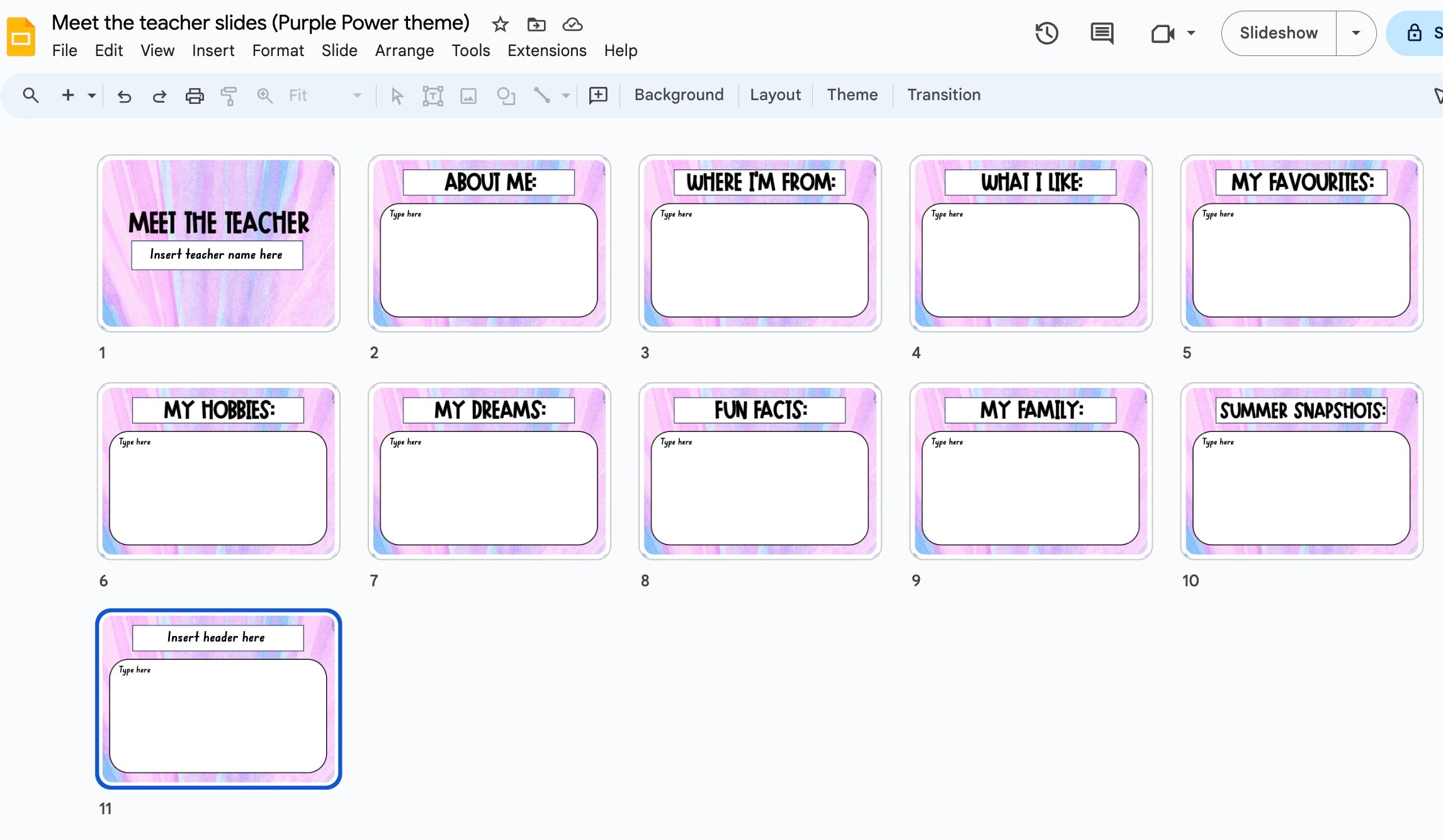 Meet the teacher slides template - purple power theme