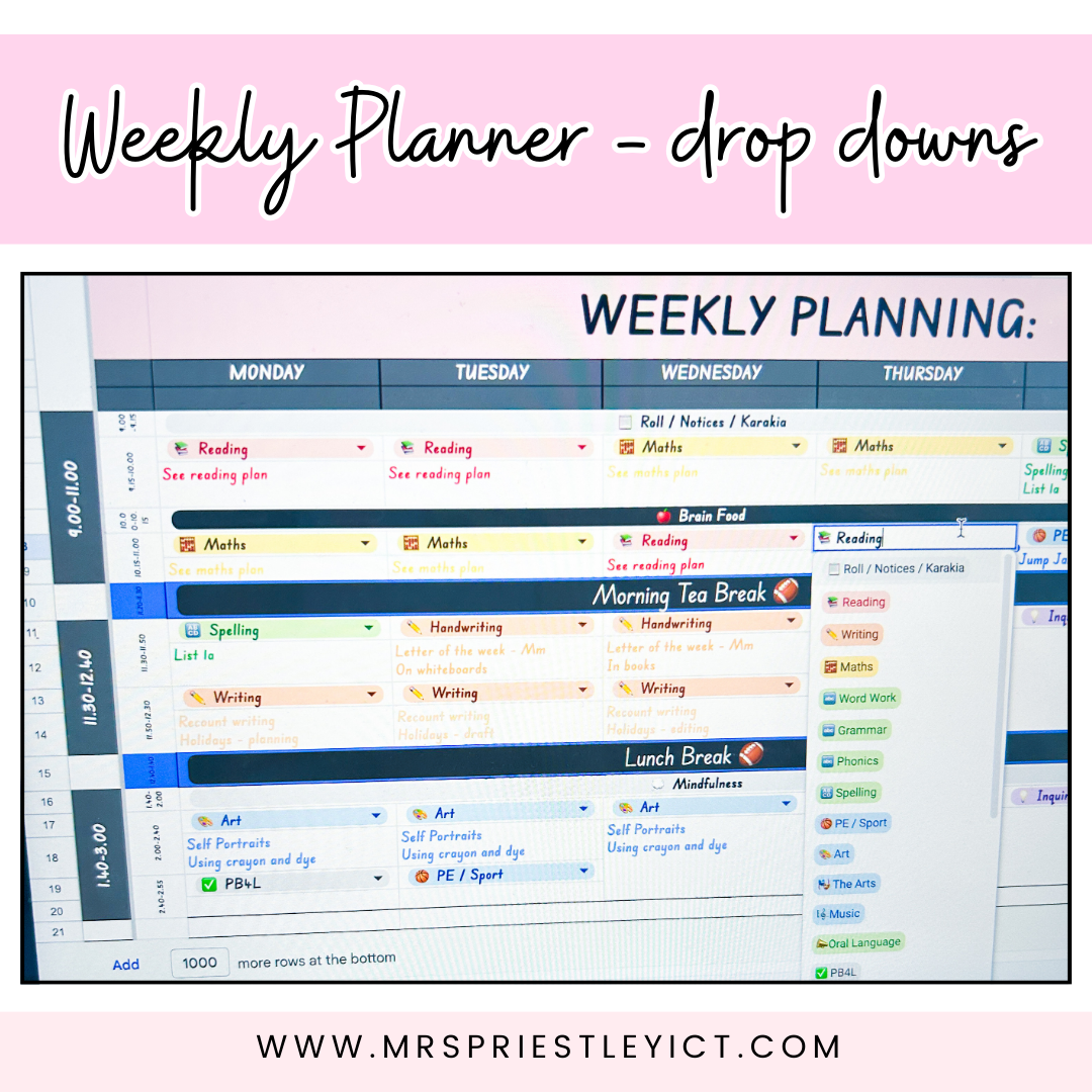 Weekly Planner Template with drop down choices (google sheets) – Mrs ...