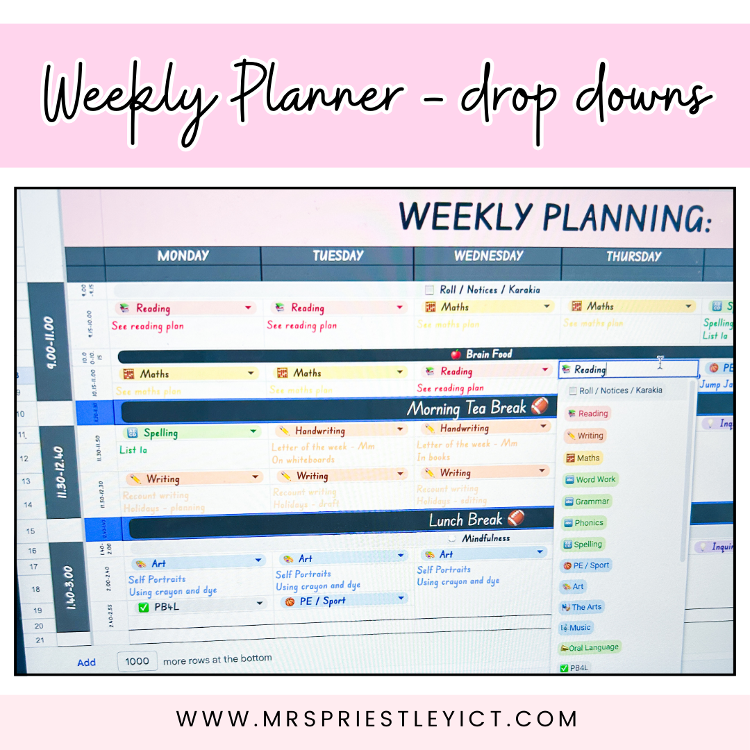 Weekly Planner Template with drop down choices (google sheets)