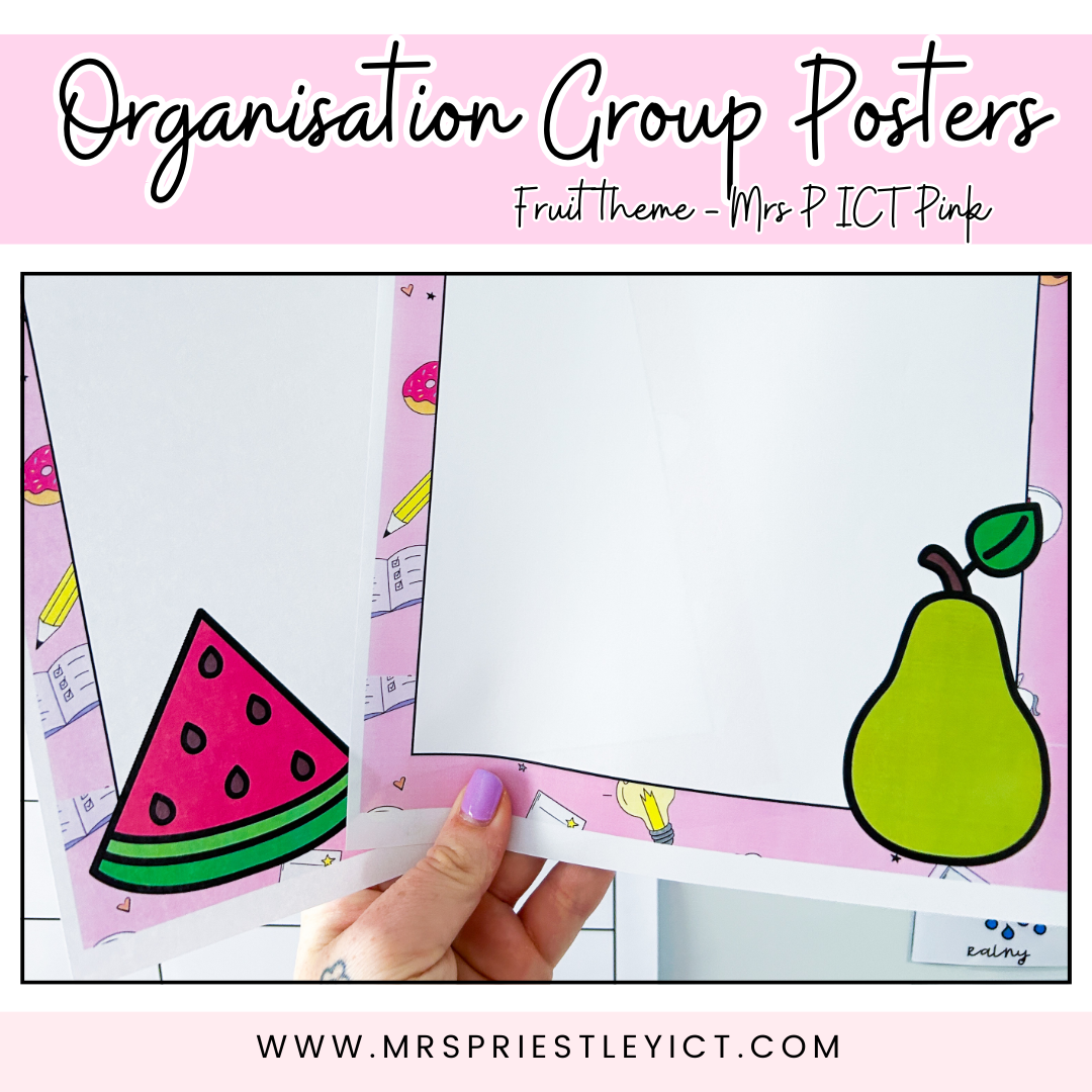 Organisation Group Posters (Fruit theme - Mrs P ICT Pink)