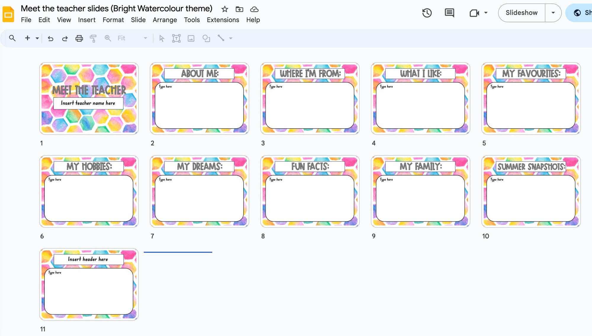 Meet the teacher slides template - bright watercolour theme