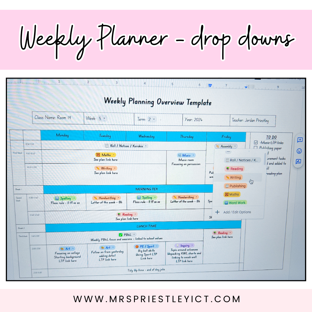 Weekly Planner Template with drop down choices (google docs)