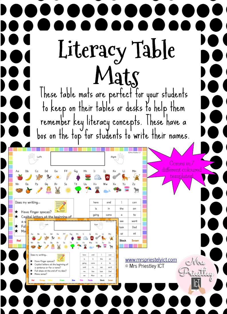 Literacy Table Mats