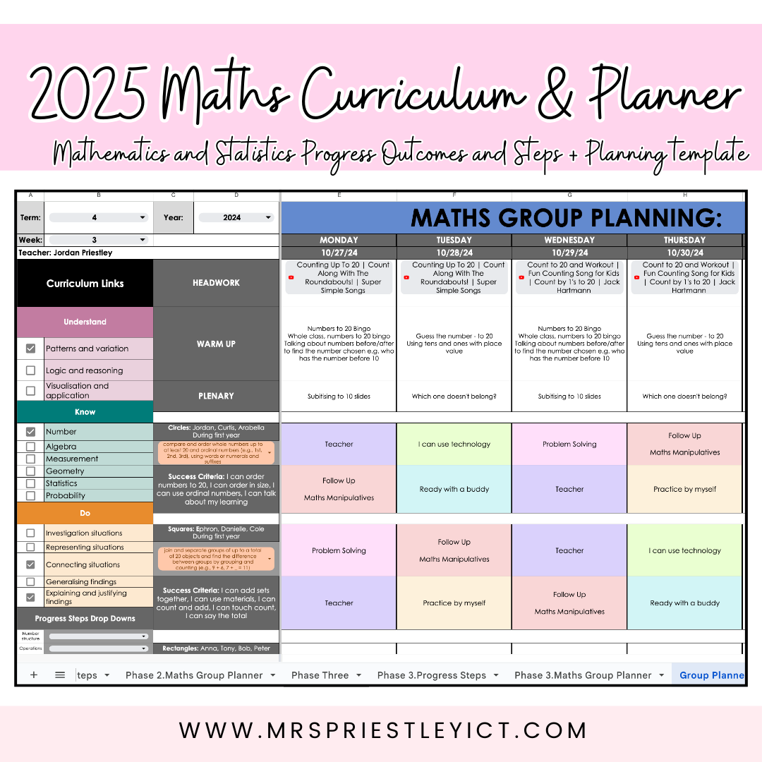 2025 Maths Curriculum progress outcomes and steps AND planner template