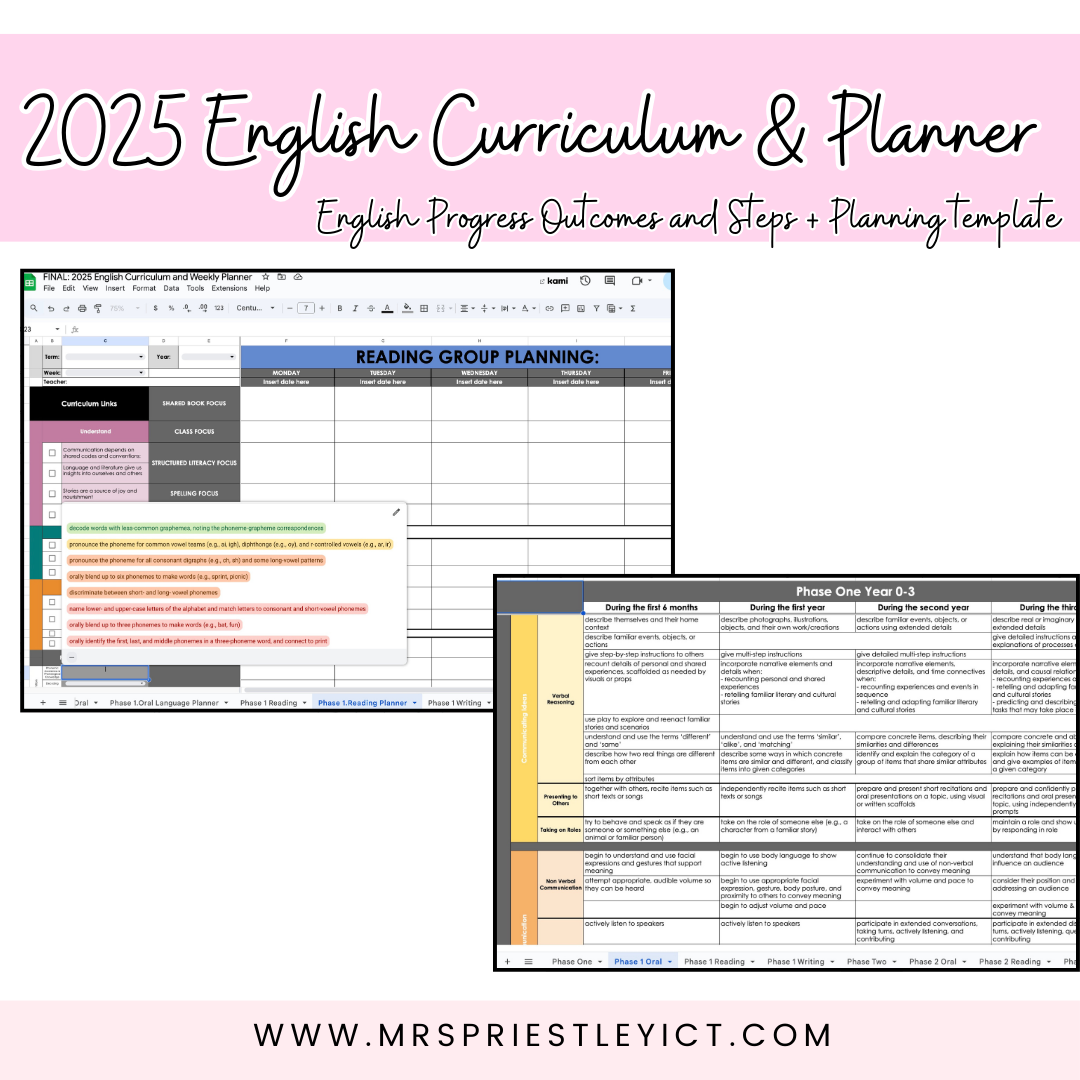 2025 English Curriculum progress outcomes and steps AND planner template