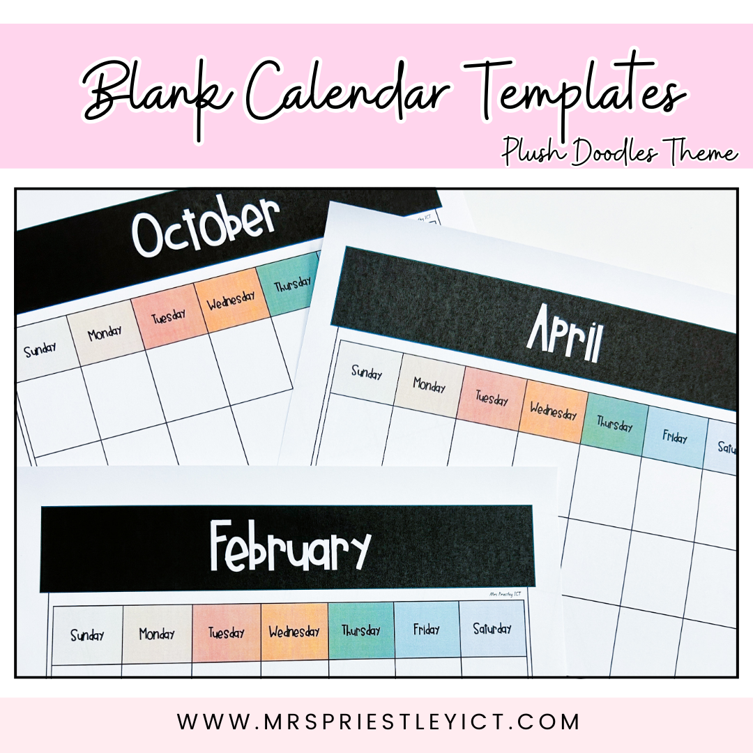 Blank Calendar Templates (Plush Doodles colour theme)