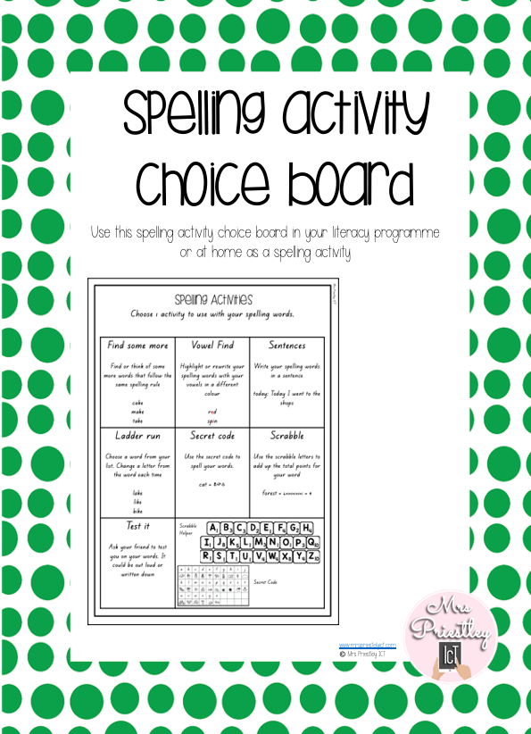 Spelling activity choice board