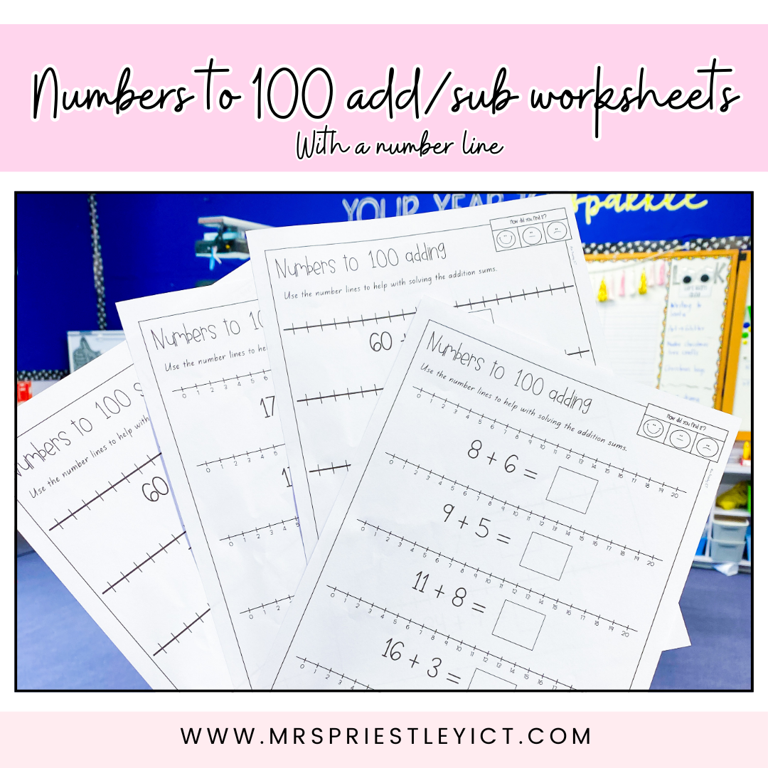 Numbers to 100 addition and subtraction worksheets with a number line