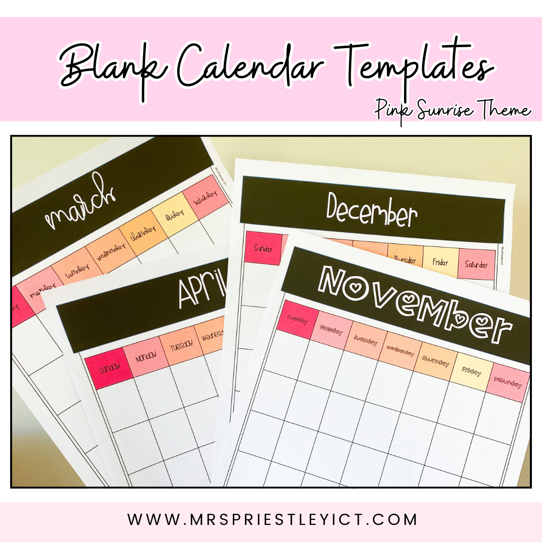 Blank Calendar Templates (Pink sunrise colour theme)