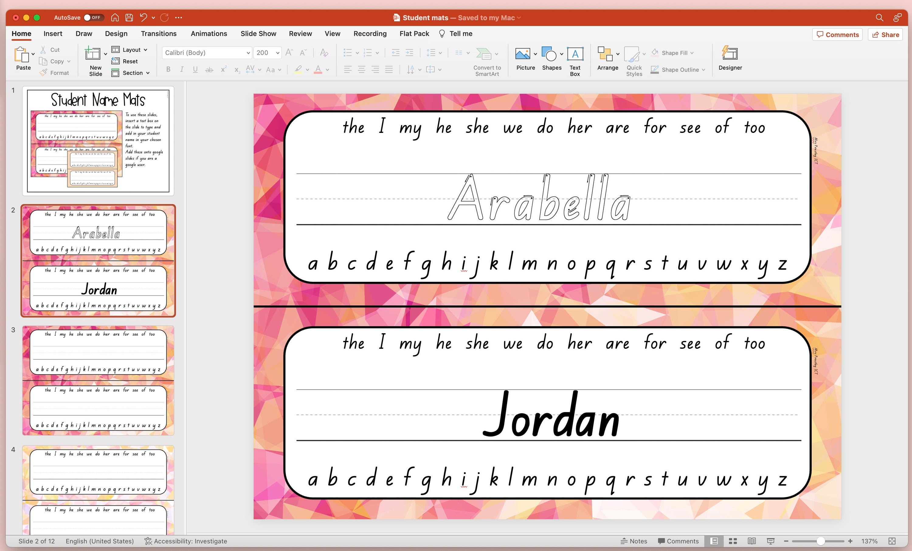 Editable student name mats (pink sunrise)