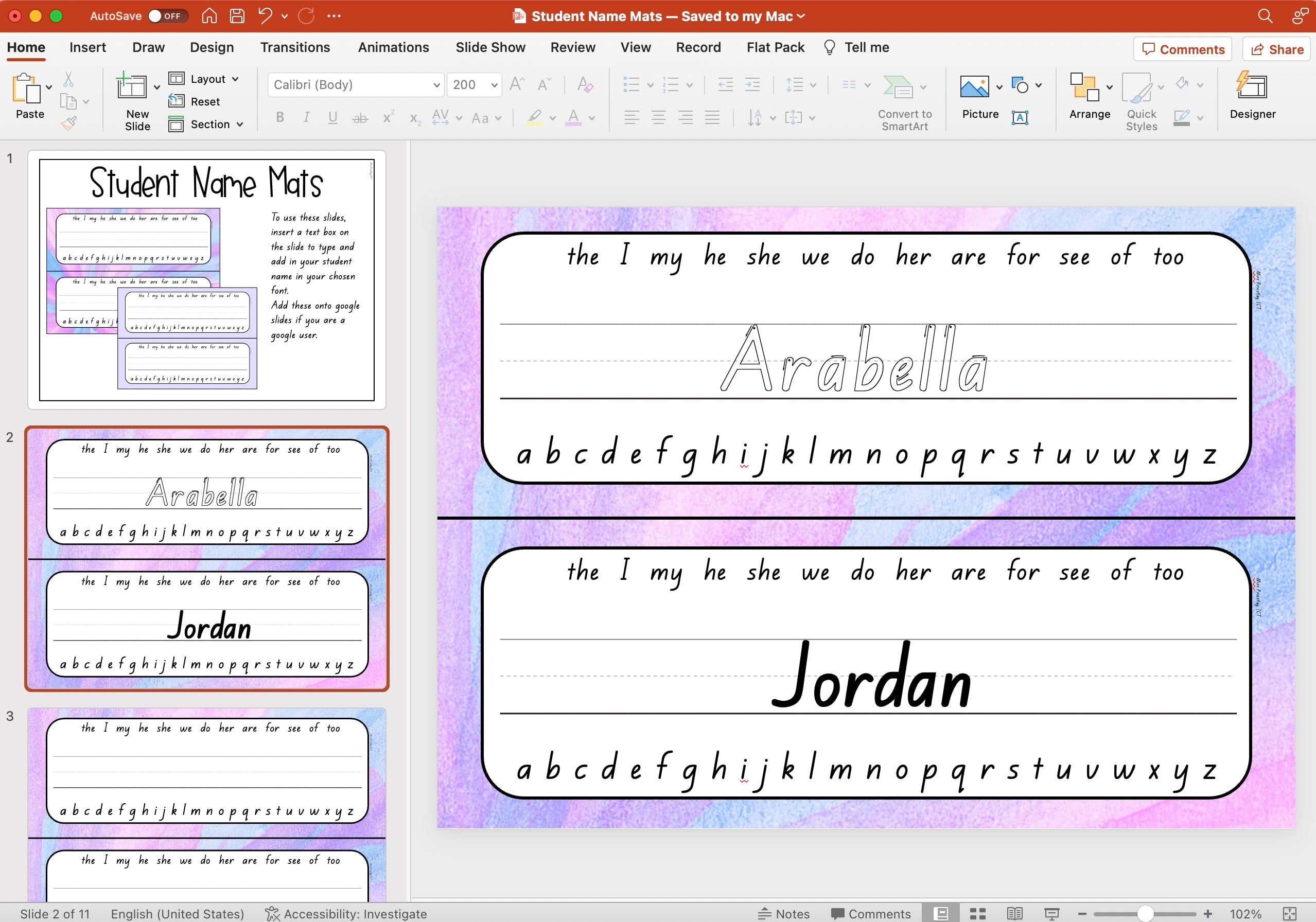 Editable student name mats (purple power)